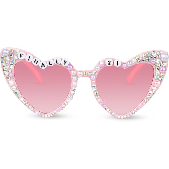 21st Birthday Sunglasses Pink Heart Crystals Decor Accessories for Women - Picture 1 of 7